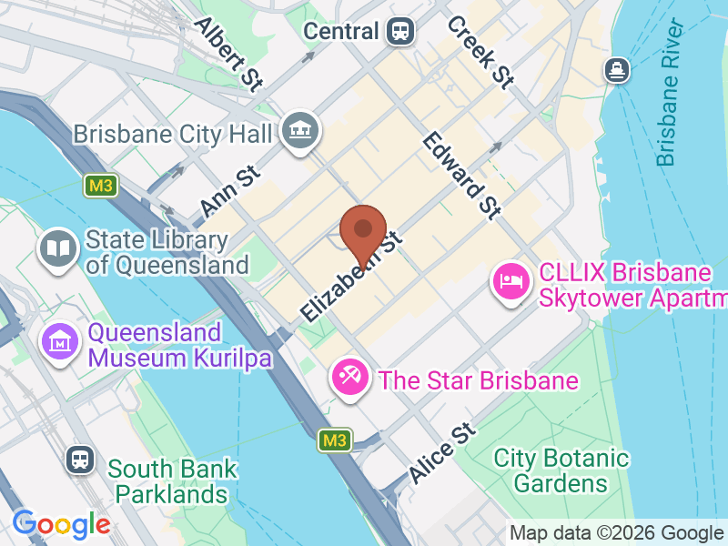 Map showing the location of Momo Chicken at 93 Elizabeth St, Brisbane City QLD 4000, Australia